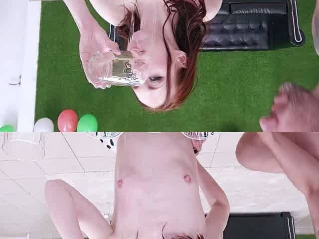 Amateur brunette fucks two big cocks