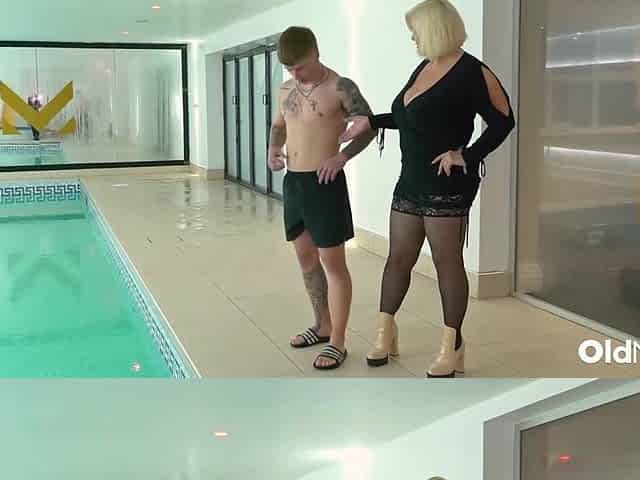 Mature In Lingerie Blows Muscular Tattooed Guy By The Pool