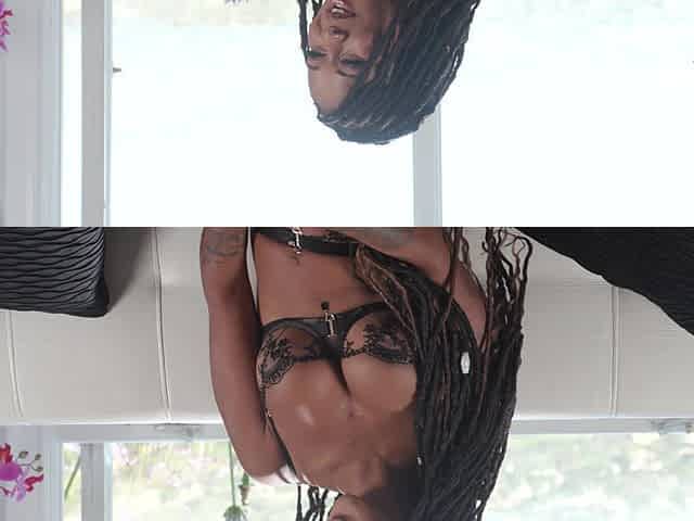Backstage with Cali Sweets, showing off her big fake tits in a bra