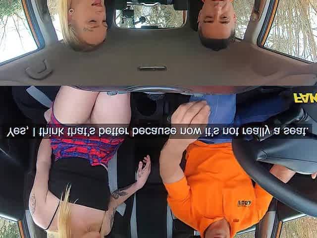 Fake Driving School Tattooed chick rides a large knob in a public place