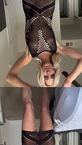 Skinny Blonde Dances in Lingerie Sheer Black Dress with Bare Ass and Pussy