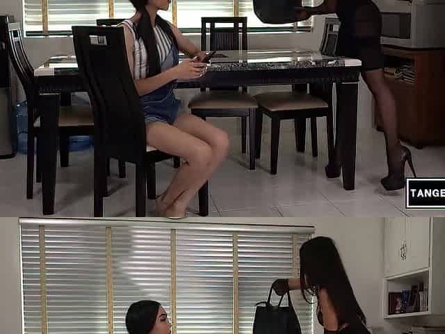 TANGENTOD Ebony-haired woman in harness underware permeates partner on office desk