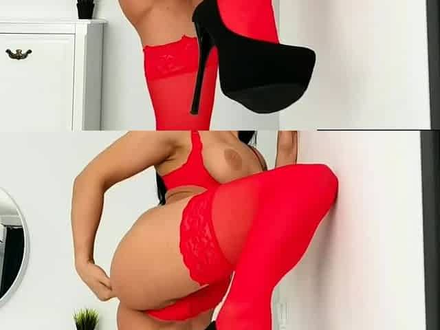 Red Lingerie Beauty Rubs Pussy to Orgasm on Webcam