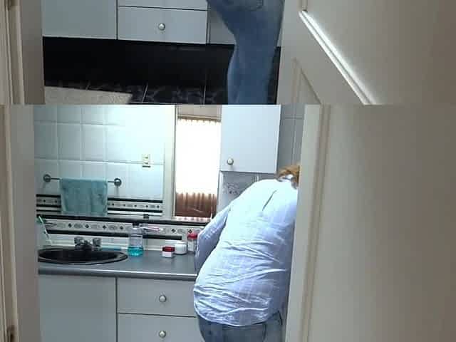 I begin touching myself in front of the maid's stepson so that guy can stroke