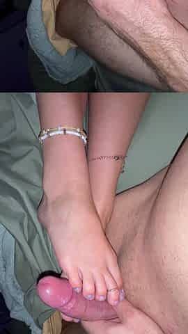 Teasing oiled foot job with pretty purple toes, cock ring