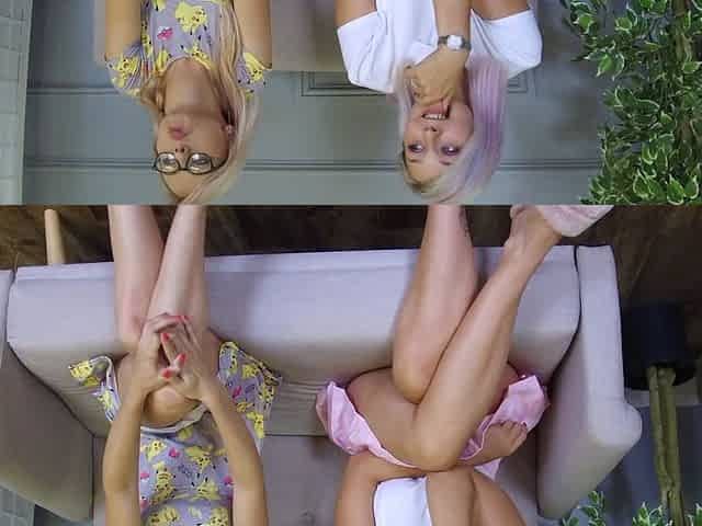 Turned on blonde teen lesbians sticking dildos up their vags