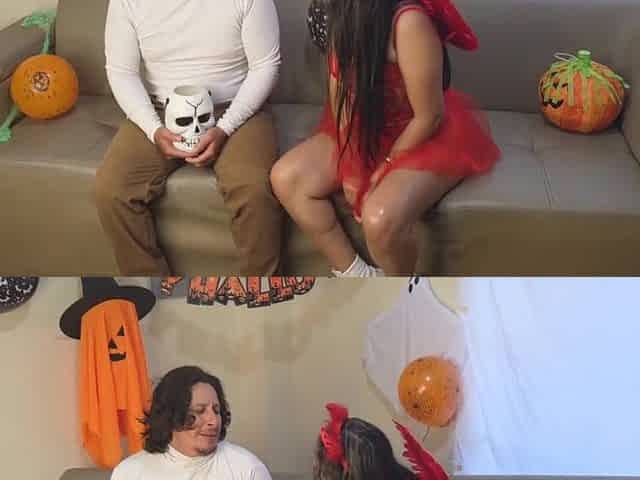 Halloween trio with the pretty, large-booty devil and the depraved witch