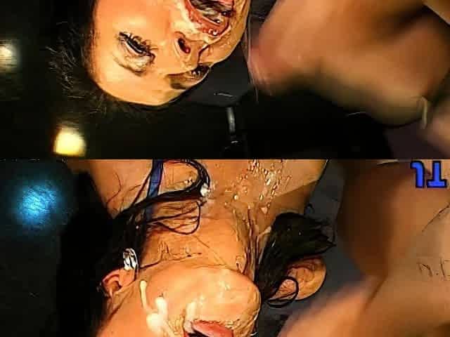 In a kitchen a sexy brunette playing with her big boobs