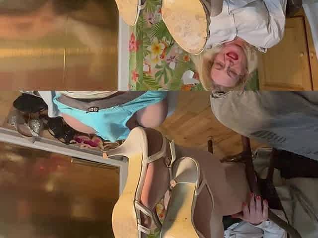 Tired Business Woman Relax Her Feet on Him Bulge, Show Her Dirty Shoes