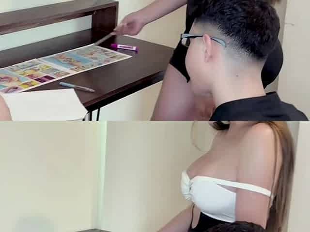 The tutor is just too sexy for him in her tight skirt to pass up