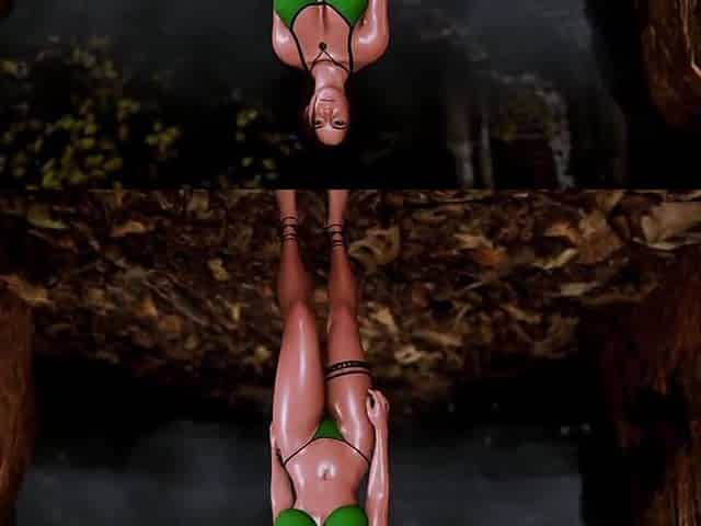 Older hot Lara Croft alone seductively posing in microbikini at thicket