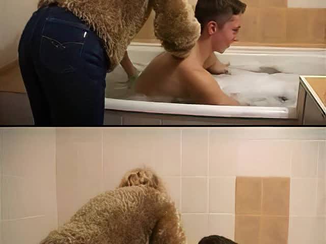 Older woman gives young man bath
