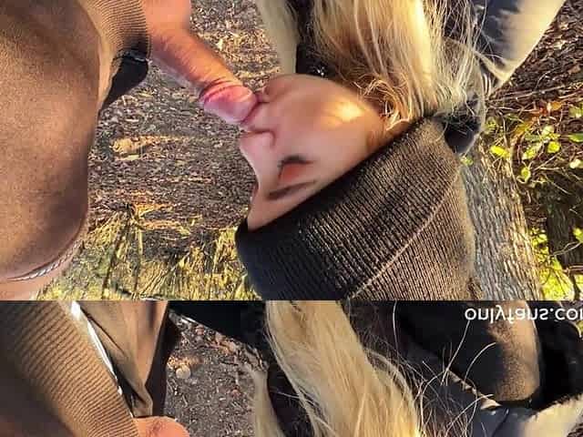 POV Blow job teen cum throat in the park