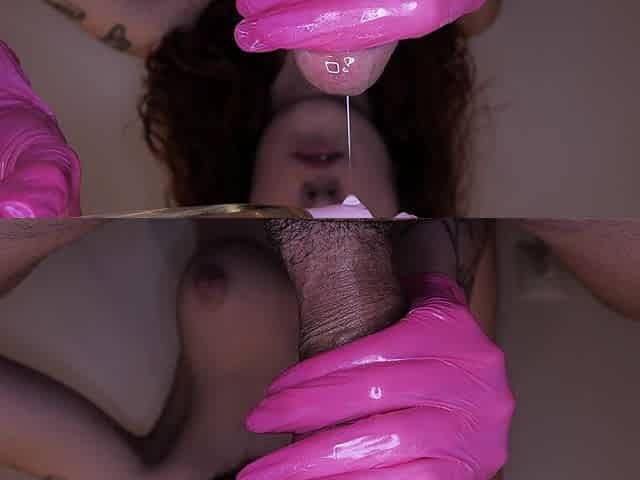 Colorful gloves handjob