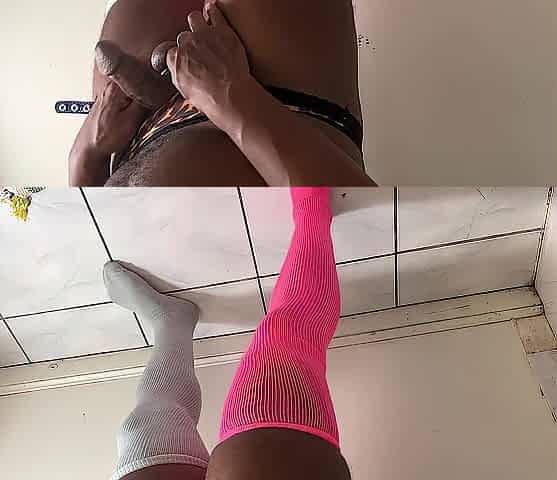 Ebony Stud Jerking Out Ejaculation in High Socks