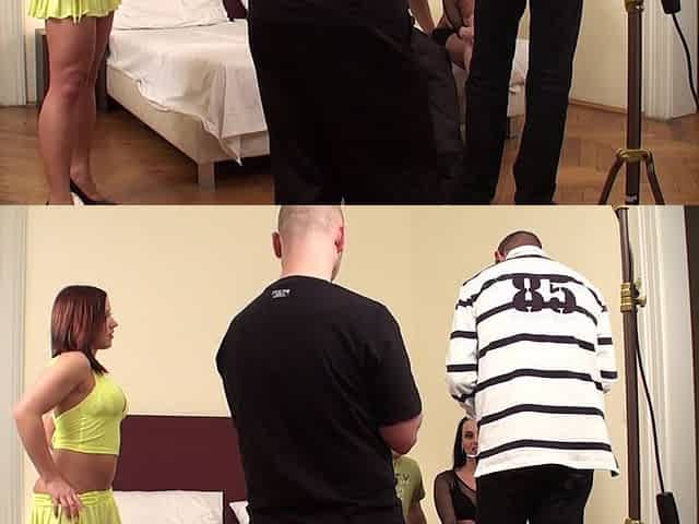 Two Guys and One Babe Behind the Scene Cum in Mouth