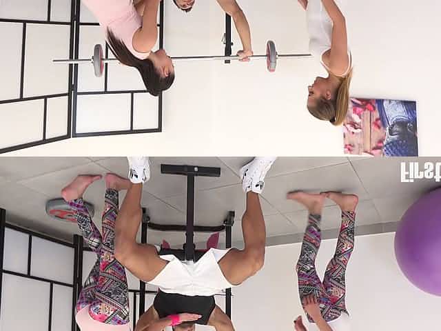 Handsome muscular fitness instructor fucks two pretty hot sport teens at the gym