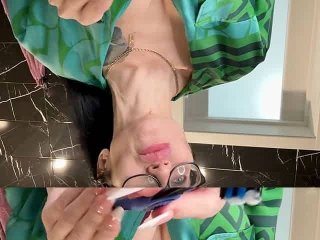 Brushing My Teeth, Silk Robe and Bra on Me, Glamour MILF with Glasses and Big Lips