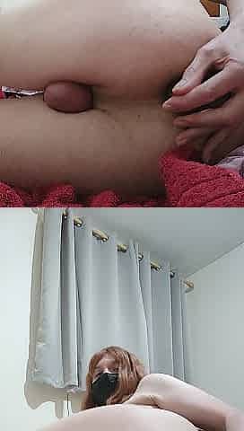 Red headed sissy swallows a double ended vibrator