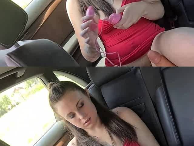 Masturbating with a Vibrator and Dildo in the Backseat of a Car