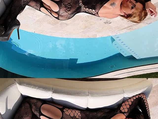 Outdoor solo masturbation scene with curly blonde