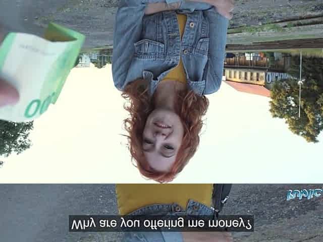 Public Agent Hawt redhead waitress sucks rod and gets screwed doggy position outside in public
