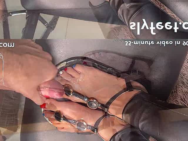 Ebony sandals footjob and overspread with a giant load of cum