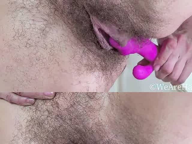 Pink Vibrator In Hairy Meaty Pussy