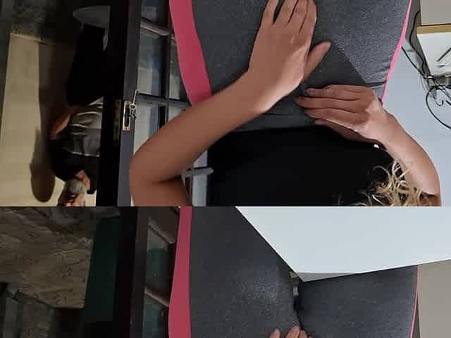 Masturbating Her Camel Toe on the Table with the Neighbor's Help