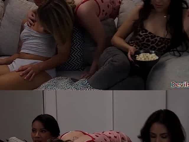 Tiny lesbo pair scissoring whilst roommate is watching