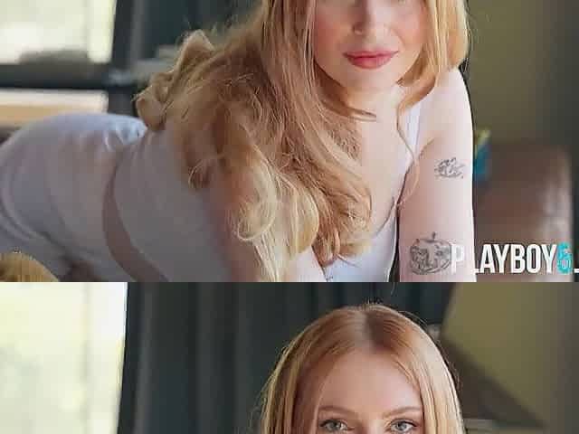 Large fake bazookas redhead pornstar Maya Kendrick shows curly twat in the stripped