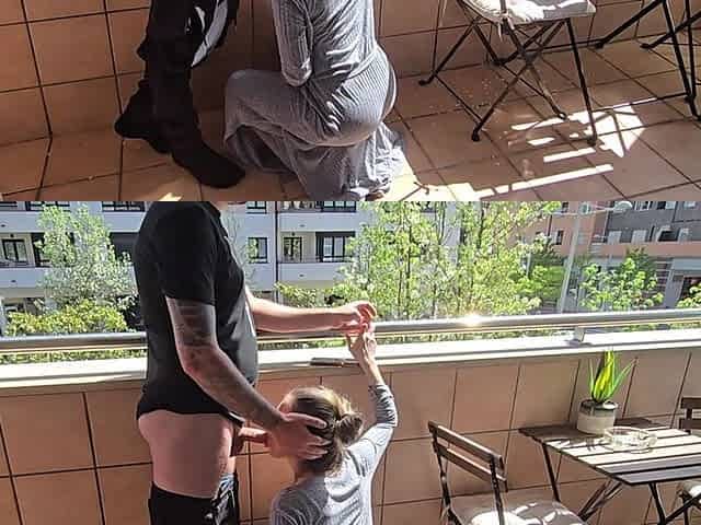 Busty Girl Sucks Her Friend's Cock on a Hotel Balcony!! Risky Sex!