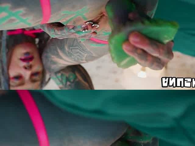 Ink-Overspread Gal Solo Anal Toy Play in Lace Underware