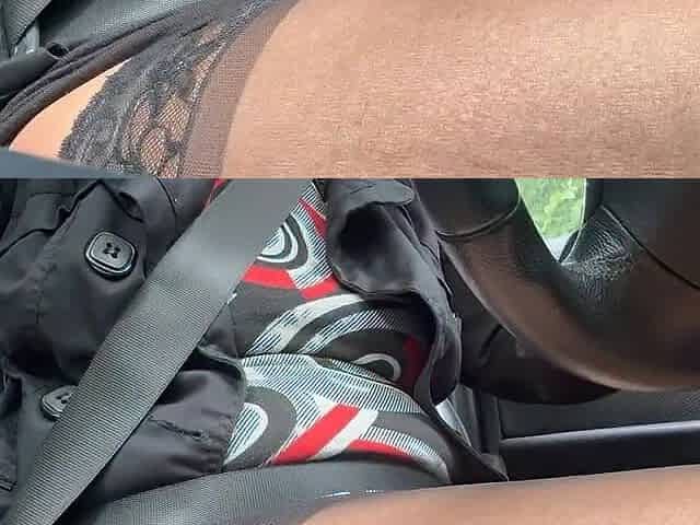Mature MILF in Stockings Caught Behind the Wheel of a Car Rubbing Her Pussy