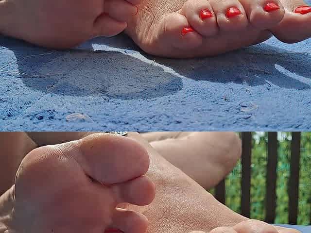 Aged Neighbour teases me with here cute red toes during the time that I wank and cum on her feet