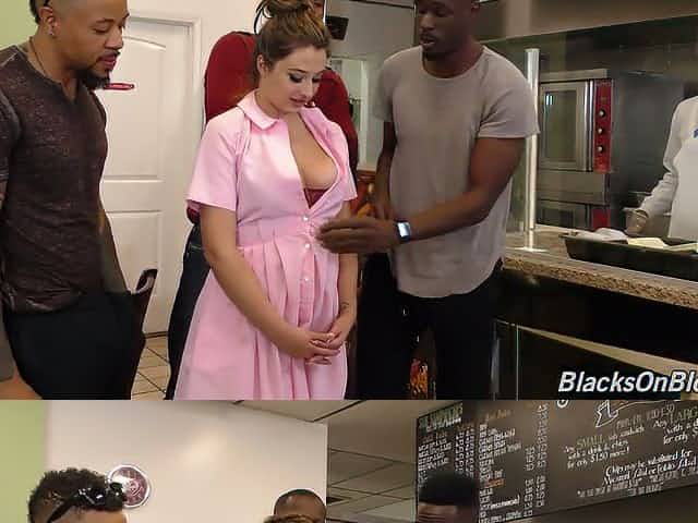 Pretty white waitress Elektra Rose gets gangbanged by black studs