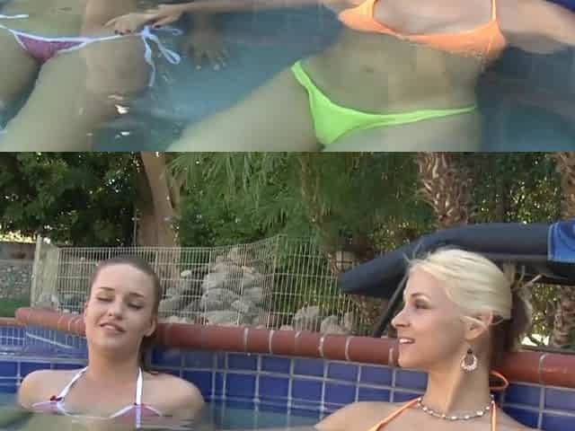 Lesbian sex of two gorgeous girls in their bikinis on the city streets