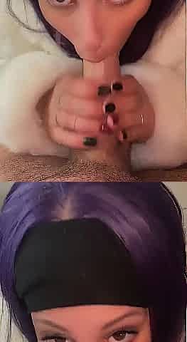 Real Homemade Oral from Purple Haired Angel Wearing White Yiff Jacket Looking at Camera
