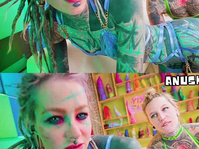 Alt Tattooed Cuties in Latex Lesbian Fuck with Strap on and German Dirty Talk