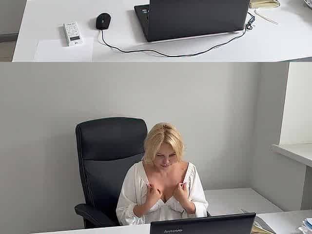 The office assistant chose to unwind after work hours by indulging in adult content at her desk.