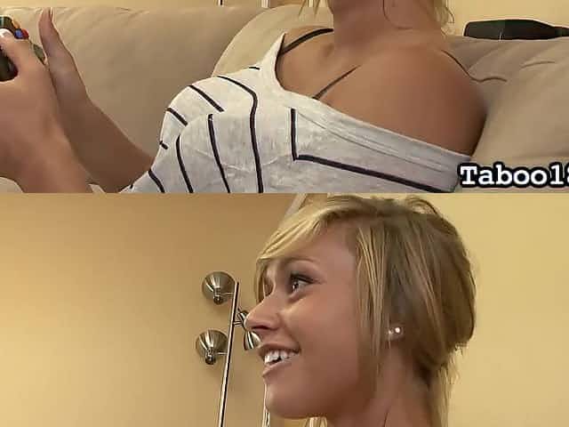 Hard penis disappearing in a blonde's open mouth and beautiful tits