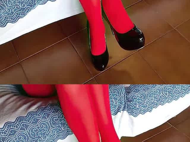 Laura on Heels amateur 2021 wearing red hose and ebony platform high heels