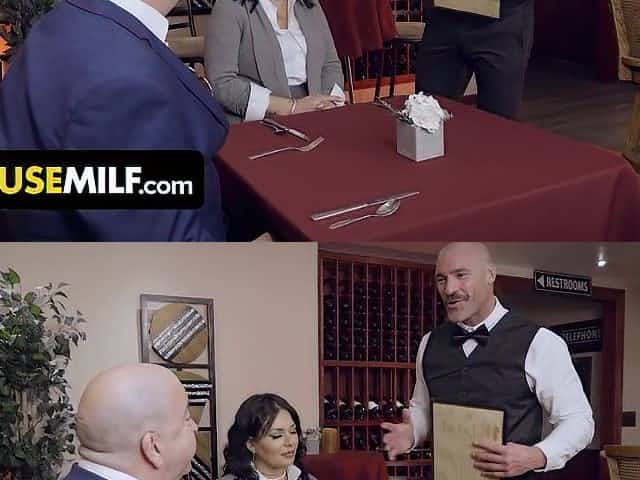 Big Ass Brunette Milf Gets Fucked During Business Dinner In a Public Restaurant - Big fake tits