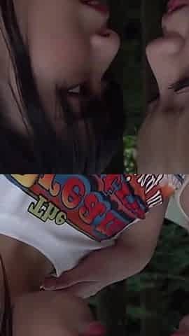 A Blonde and a Dark-haired Beauty Share Wild Passion Beneath the Open Sky -b