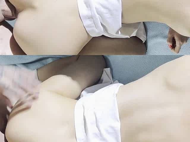 White chap bangs hawt Oriental hotty from behind, doggystyle, top view.