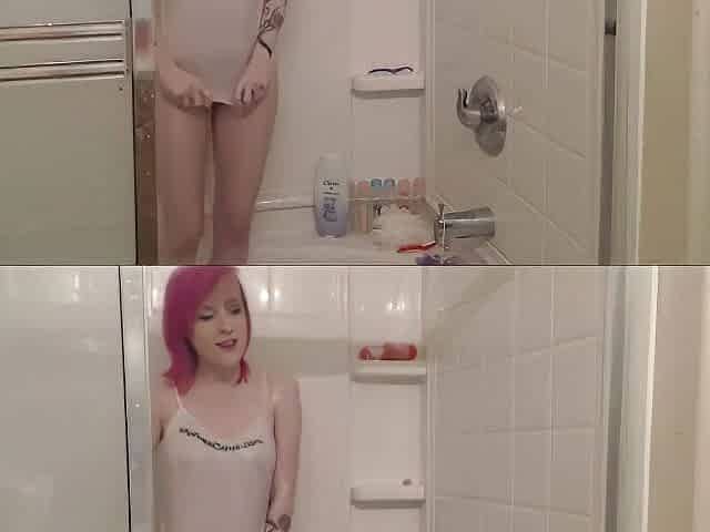 pink hair punk camgirl disrobes and screws snatch in the shower
