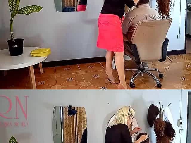 Nudist barbershop. Bare lady hairdresser in an apron. Security camera. The client is surprised. webcam 11