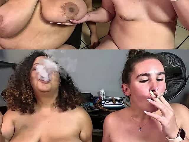 Topless interracial big beautiful woman using every other as human ashtrays whilst smokin' cigarettes