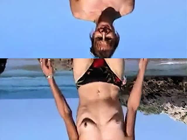 wife topless on beach with small empty saggy tits