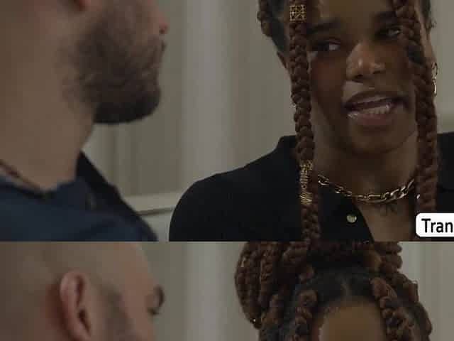 Shaggy haired TS black suck and ride of her ally